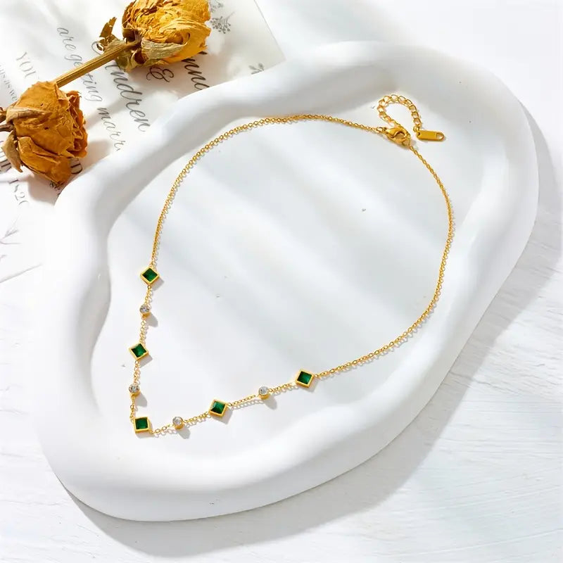 Geometric Station Necklace – Gold-Tone with Green and Clear Stones