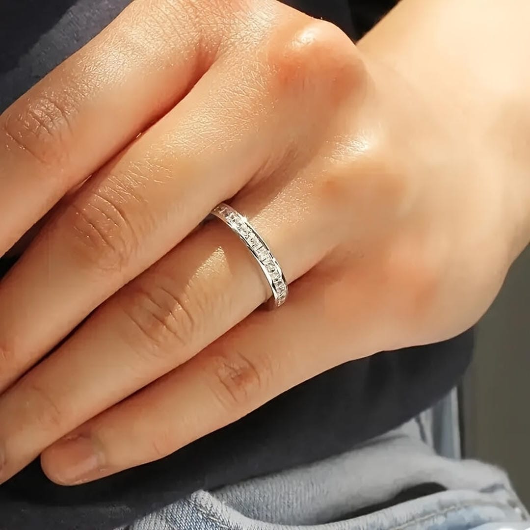 Princess-Cut Channel Stacking Band – Silver-Tone Sparkling Ring