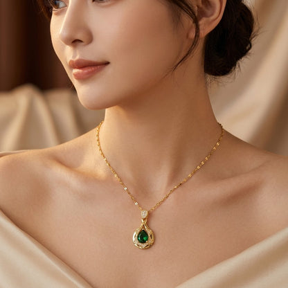 Teardrop Pendant Necklace – Gold-Tone with Green Stone
