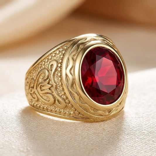 Engraved Statement Ring – Gold-Tone with Large Oval Red Stone