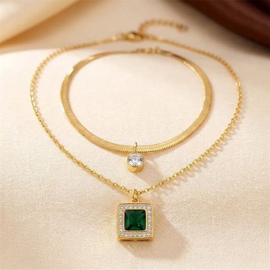 Layered Necklace – Gold-Tone Herringbone Chain with Square Green Pendant
