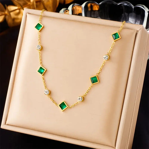 Geometric Station Necklace – Gold-Tone with Green and Clear Stones