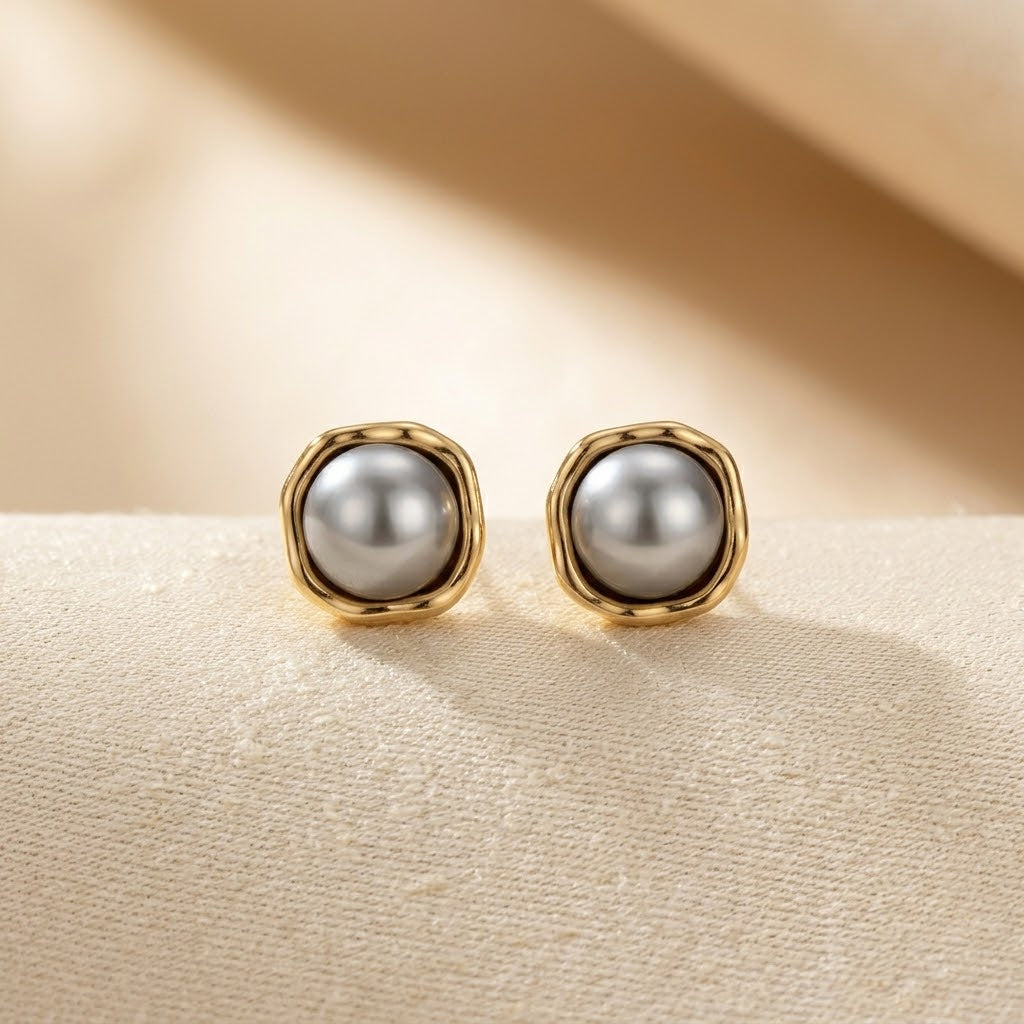 Pearl Stud Earrings – Gold-Tone Bezel with Grey Pearl-Effect Centre