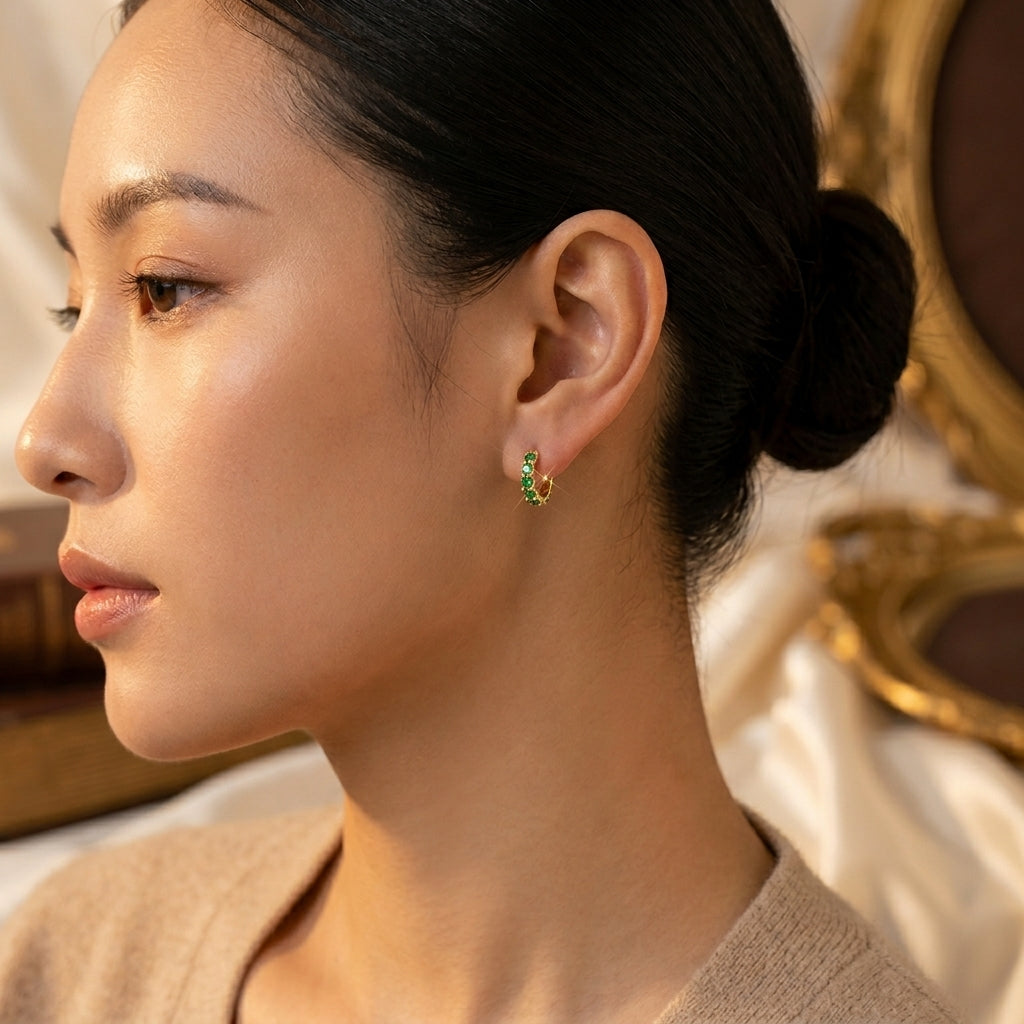 Lattice Hoop Earrings – Gold-Tone with Oval Green Stones