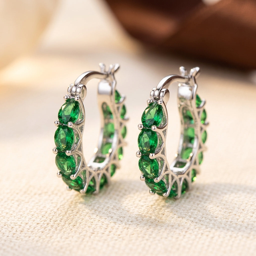 Lattice Hoop Earrings – Gold-Tone with Oval Green Stones