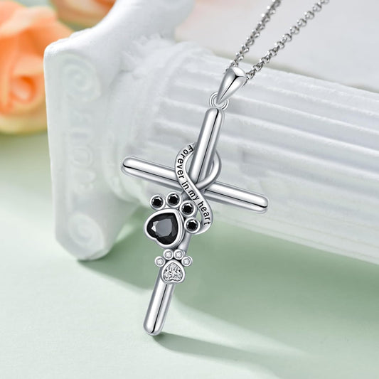 925 Sterling Silver Cross Necklace with Paw Print – Faith and Love