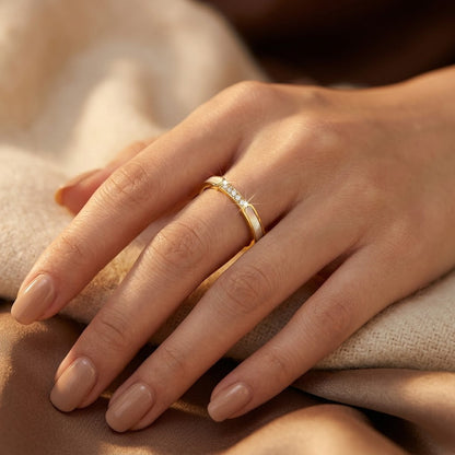 Inlay Band Ring – Gold-Tone with Pearl-Effect Inlay and Clear Stones