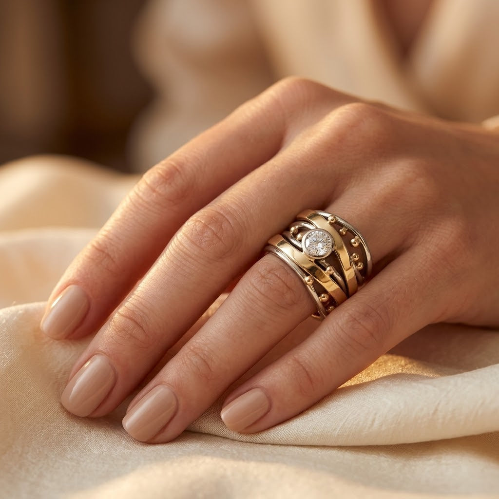 Bezel Wrap Ring – Two-Tone Silver and Gold-Tone Layered Design