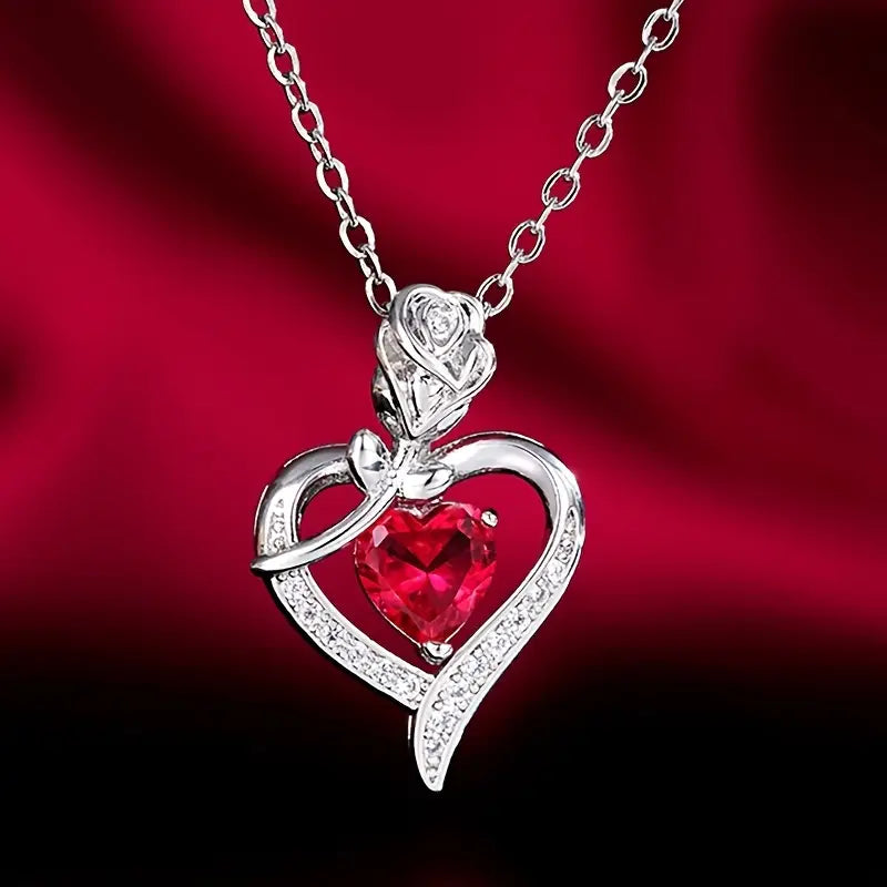 Heart Pendant Necklace – Silver-Tone with Red Heart Stone