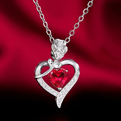 Heart Pendant Necklace – Silver-Tone with Red Heart Stone