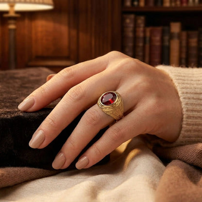 Engraved Statement Ring – Gold-Tone with Large Oval Red Stone