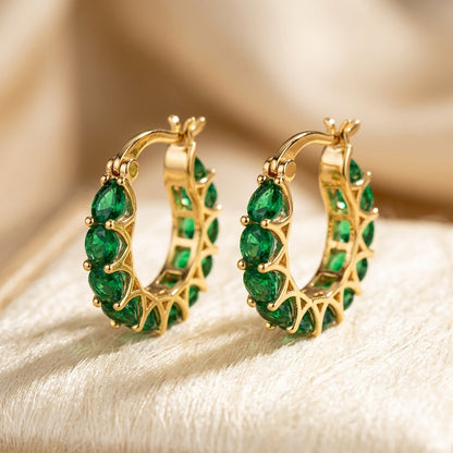 Lattice Hoop Earrings – Gold-Tone with Oval Green Stones
