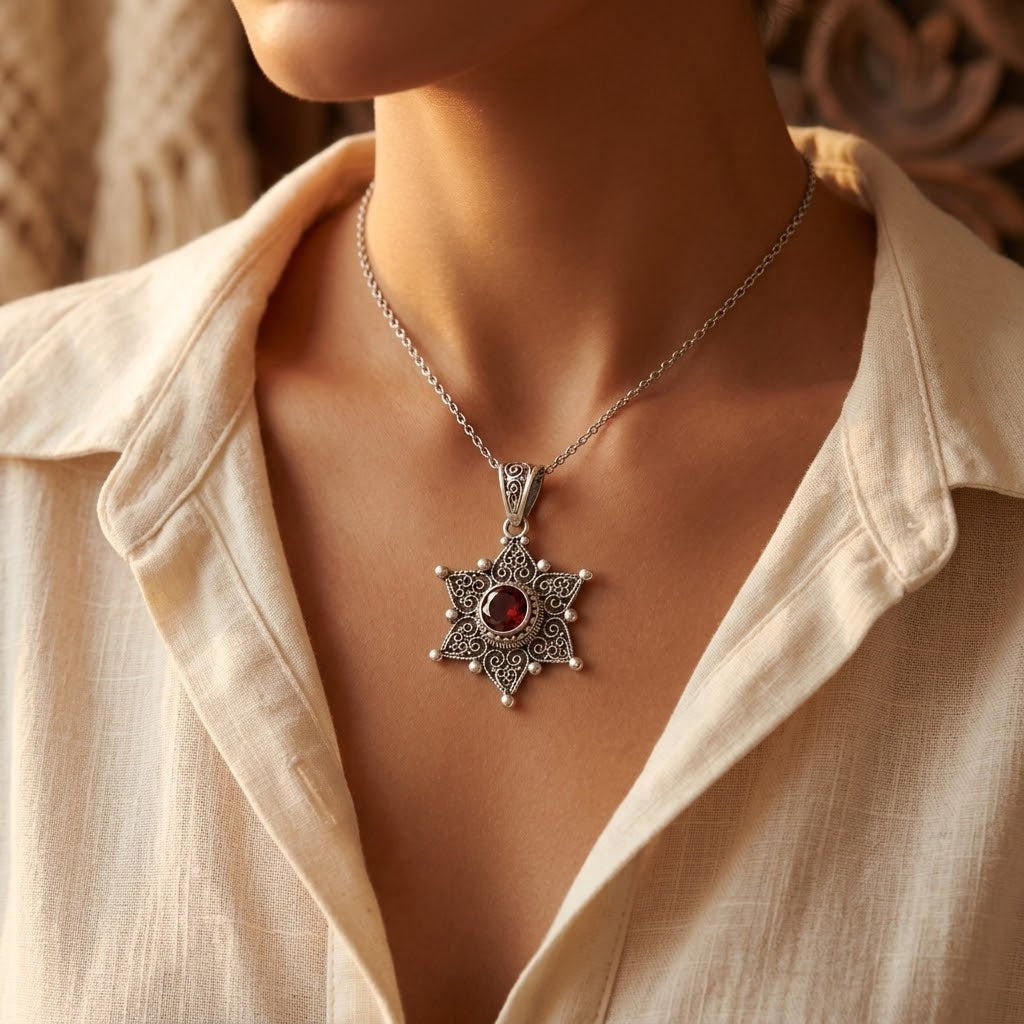 Star Pendant Necklace – Silver-Tone Filigree with Deep Red Stone