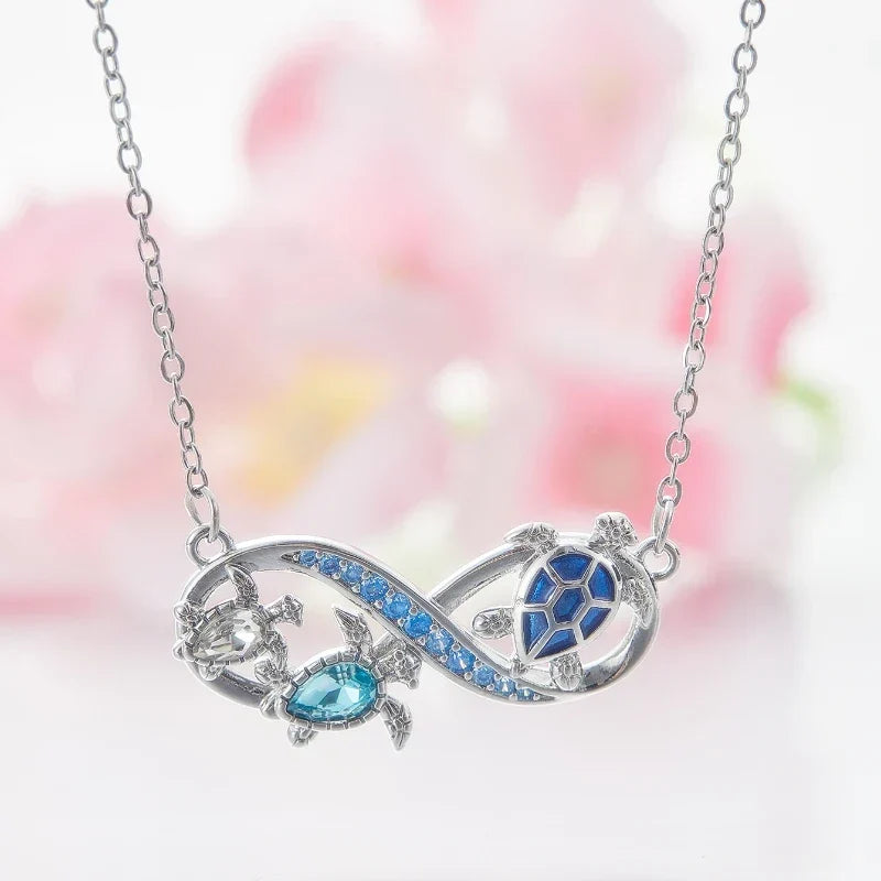 Infinity Necklace with Sea Turtles and Blue Crystals