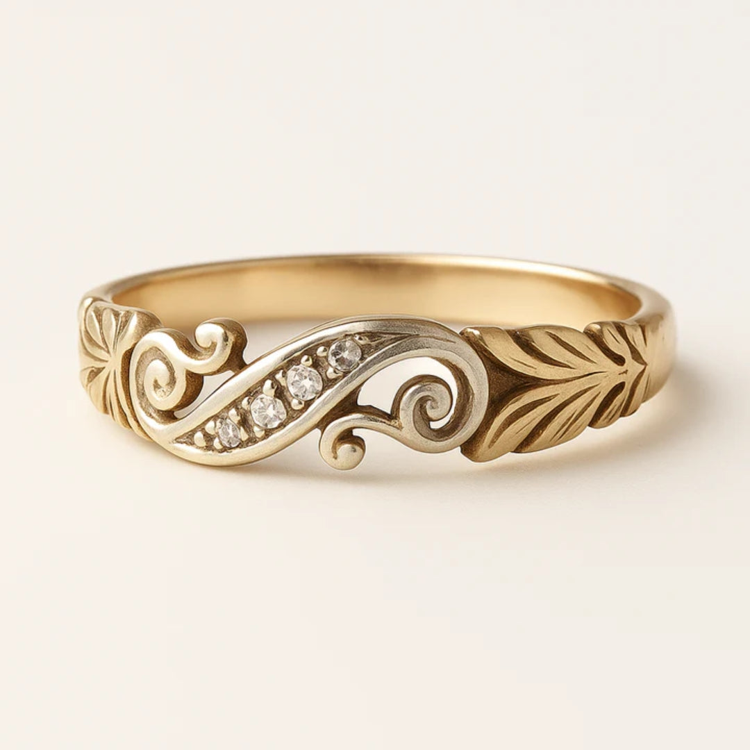 Ivy Zirconia Ring – Gold-Tone Swirl Band with Leaf Detail