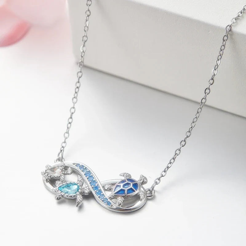 Infinity Necklace with Sea Turtles and Blue Crystals