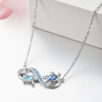 Infinity Necklace with Sea Turtles and Blue Crystals