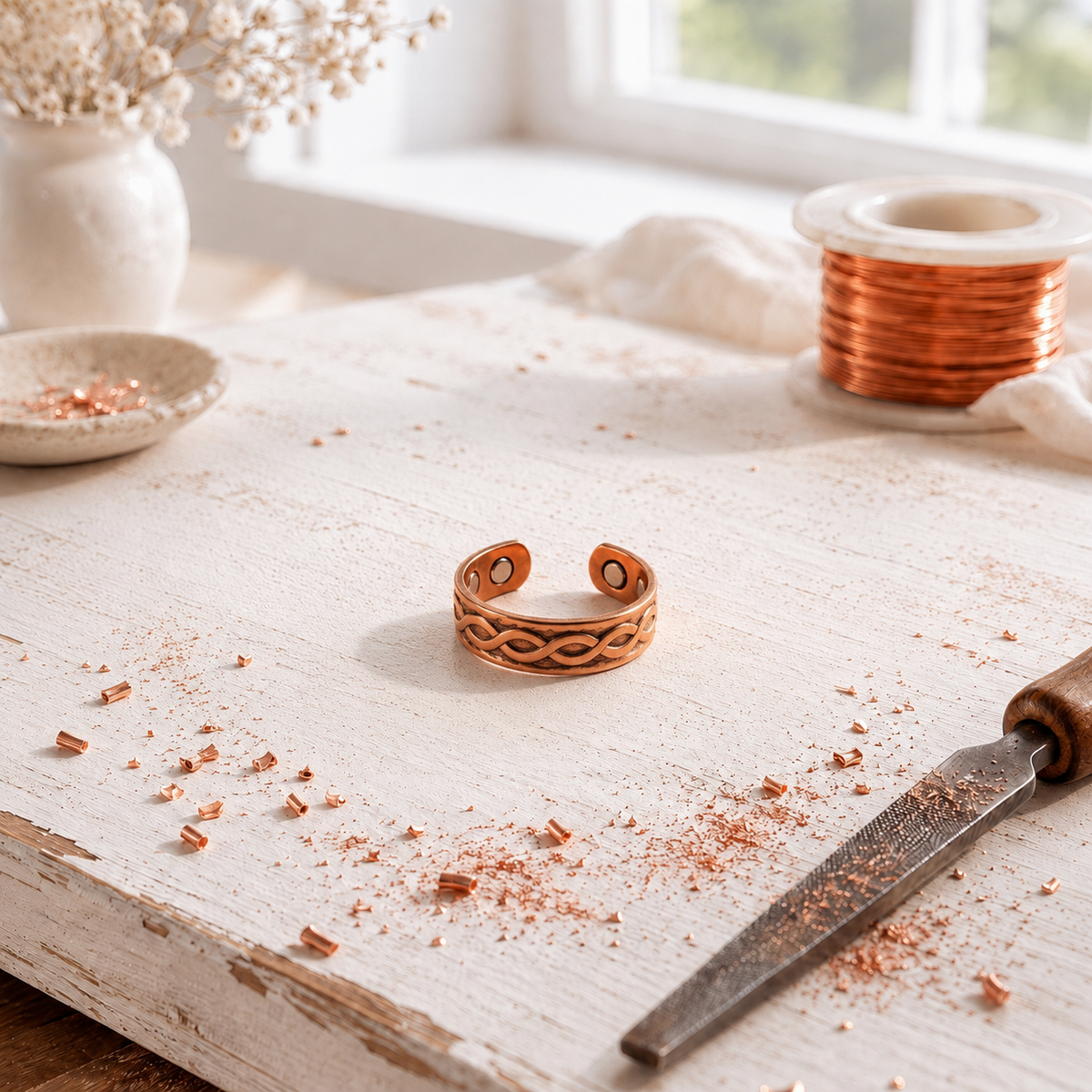 Pink Copper Sprig Ring – Hand-Cut Woven Open Band