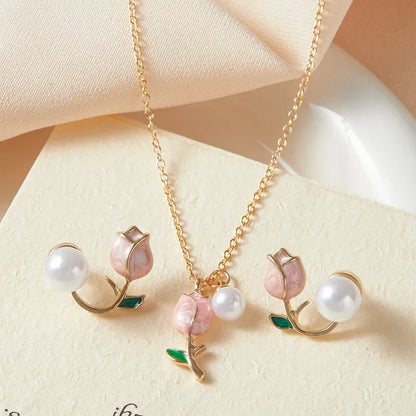 Set of Necklace and Earrings “Pink Tulip Garden”