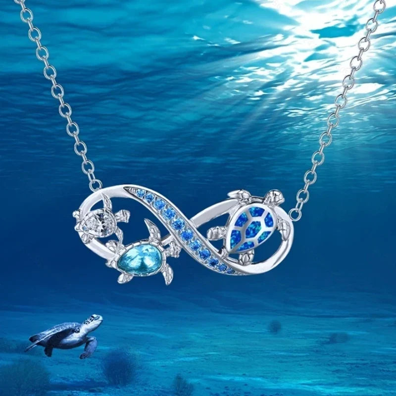 Infinity Necklace with Sea Turtles and Blue Crystals