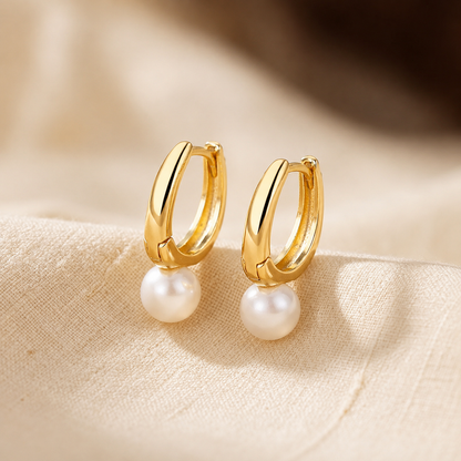 Pearl Drop Huggie Earrings – Gold-Tone Hoops with Pearl-Effect Charm