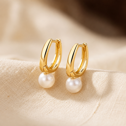 Pearl Drop Huggie Earrings – Gold-Tone Hoops with Pearl-Effect Charm