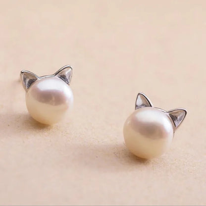 Cat Stud Earrings with Pearl – Sterling Silver 925