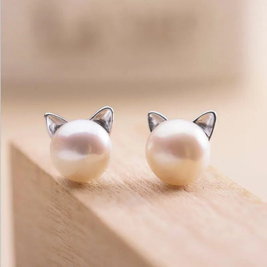 Cat Stud Earrings with Pearl – Sterling Silver 925
