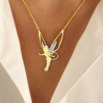 Lucky Fairy Pendant Necklace – White Gold-Tone with Sparkling Wings