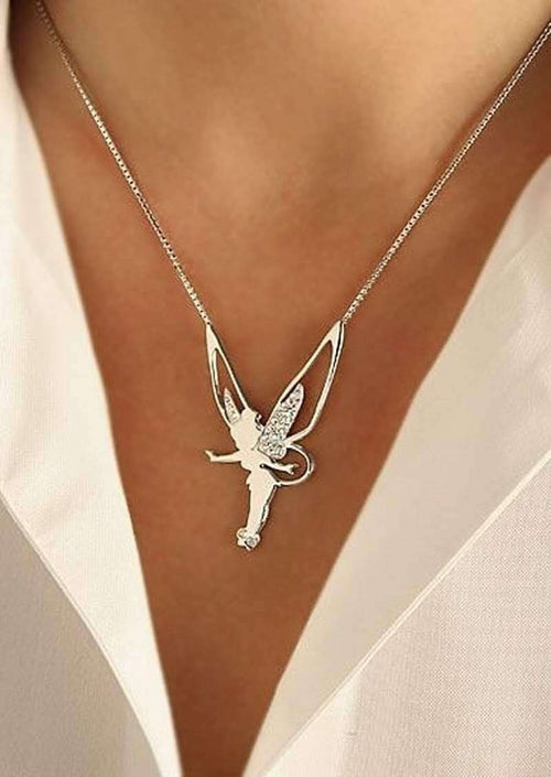 Lucky Fairy Pendant Necklace – White Gold-Tone with Sparkling Wings