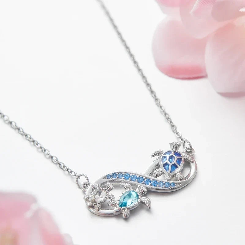 Infinity Necklace with Sea Turtles and Blue Crystals
