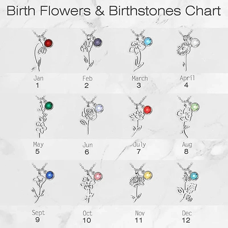 Personalised Necklace with Birthstone and Flower of the Month