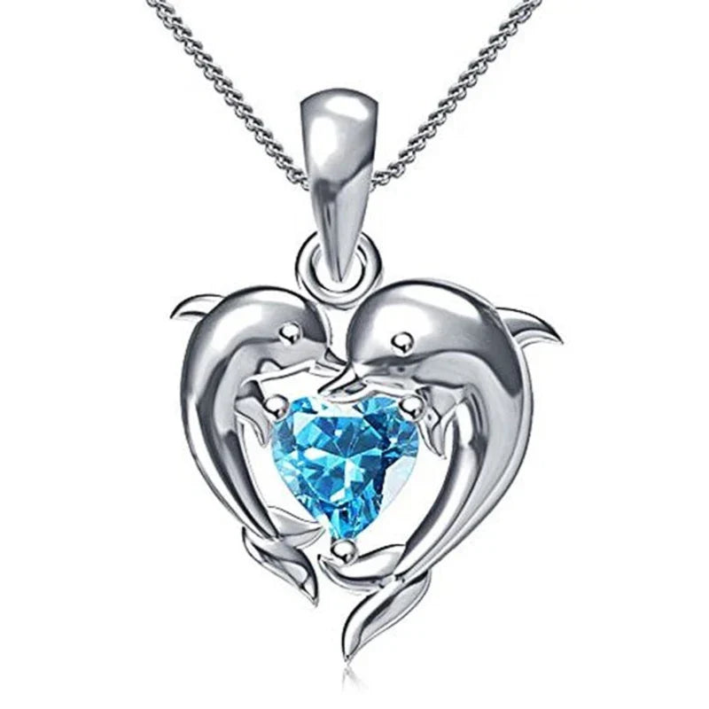 Blue Heart Necklace with Dolphin