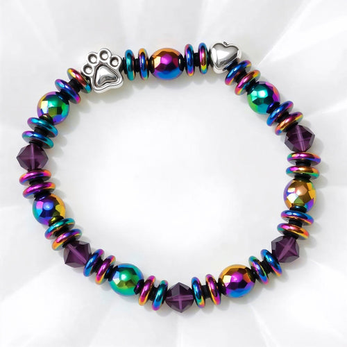 Rainbow Hematite Bracelet with Paw and Heart Charm