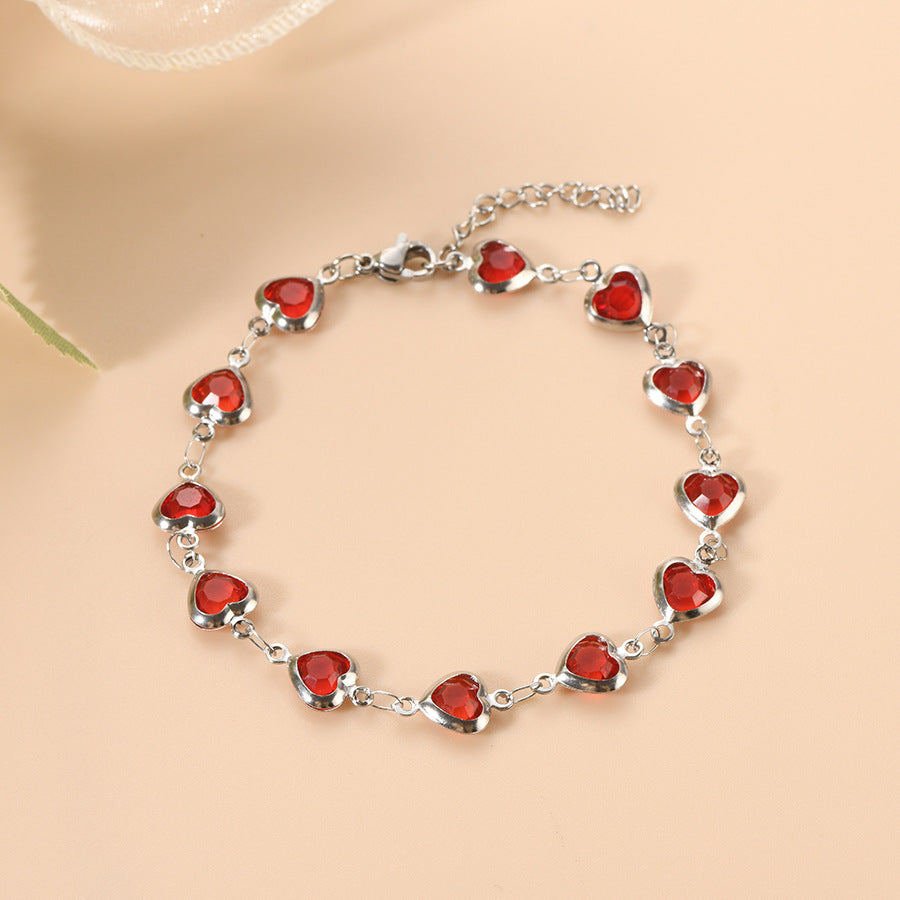 Heart Chain Bracelet – Silver-Tone with Red Heart Stones
