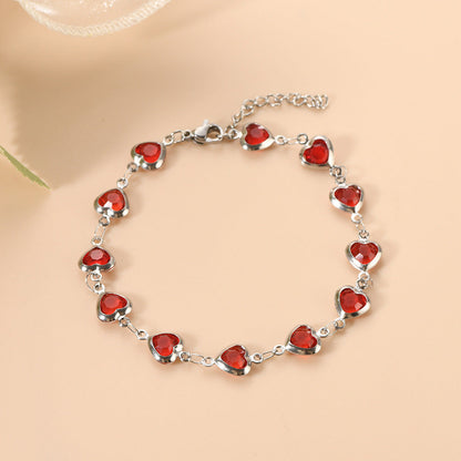 Heart Chain Bracelet – Silver-Tone with Red Heart Stones