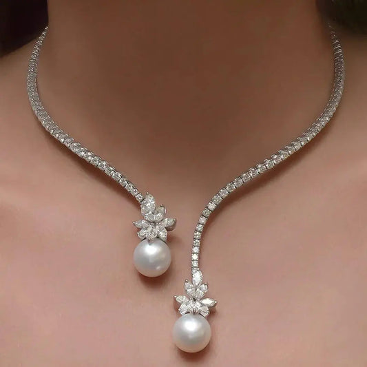 Pearl Drop Collar Necklace – Silver-Tone with Sparkling Stones