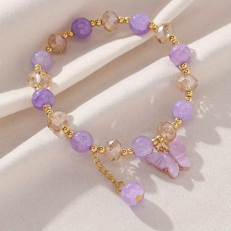 Elastic Bracelet with Faceted Beads and Butterfly Charm