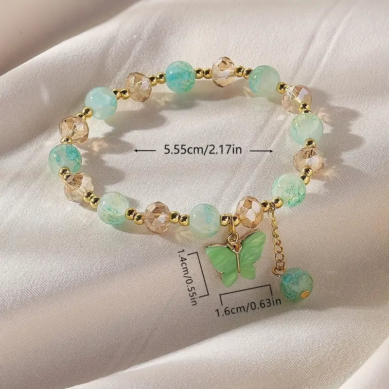 Elastic Bracelet with Faceted Beads and Butterfly Charm