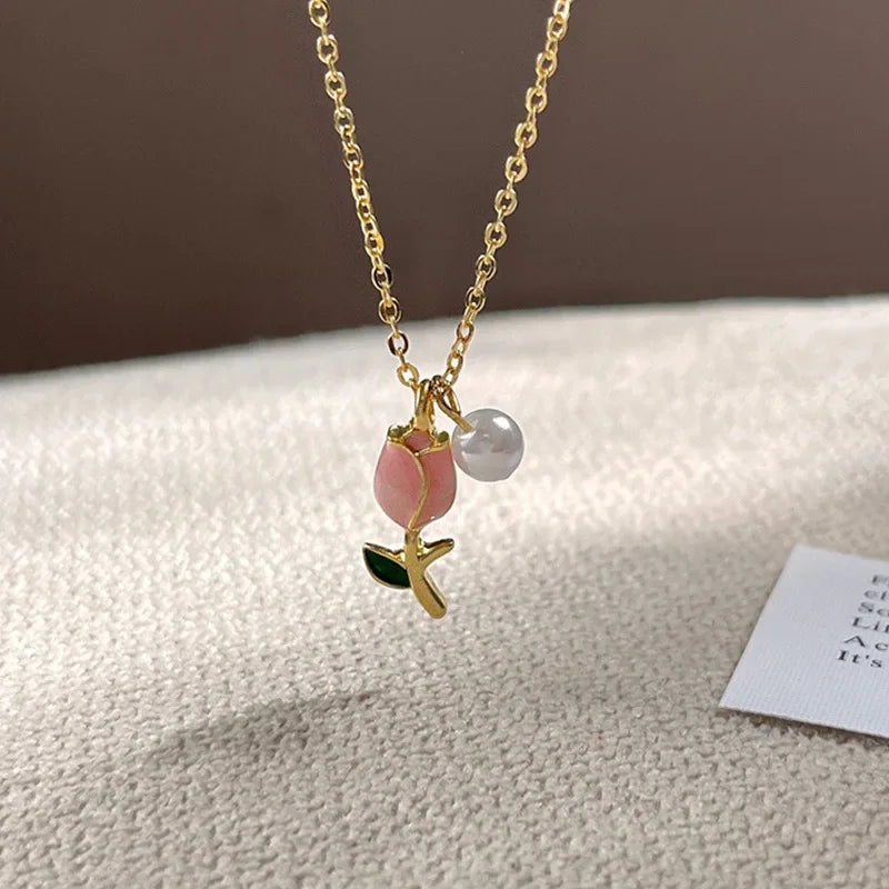 Set of Necklace and Earrings “Pink Tulip Garden”