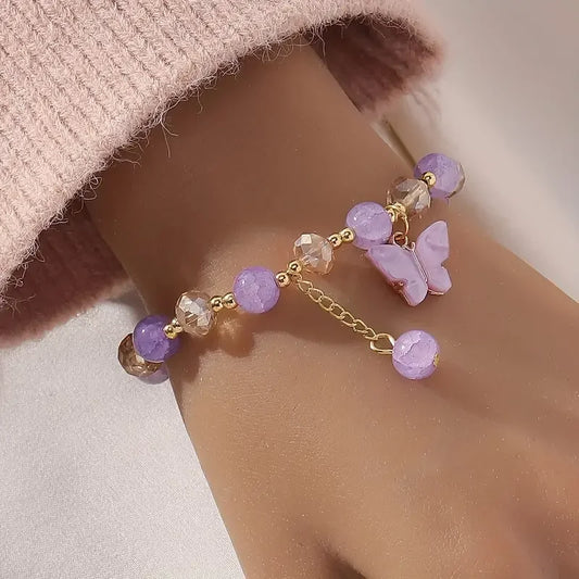 Elastic Bracelet with Faceted Beads and Butterfly Charm