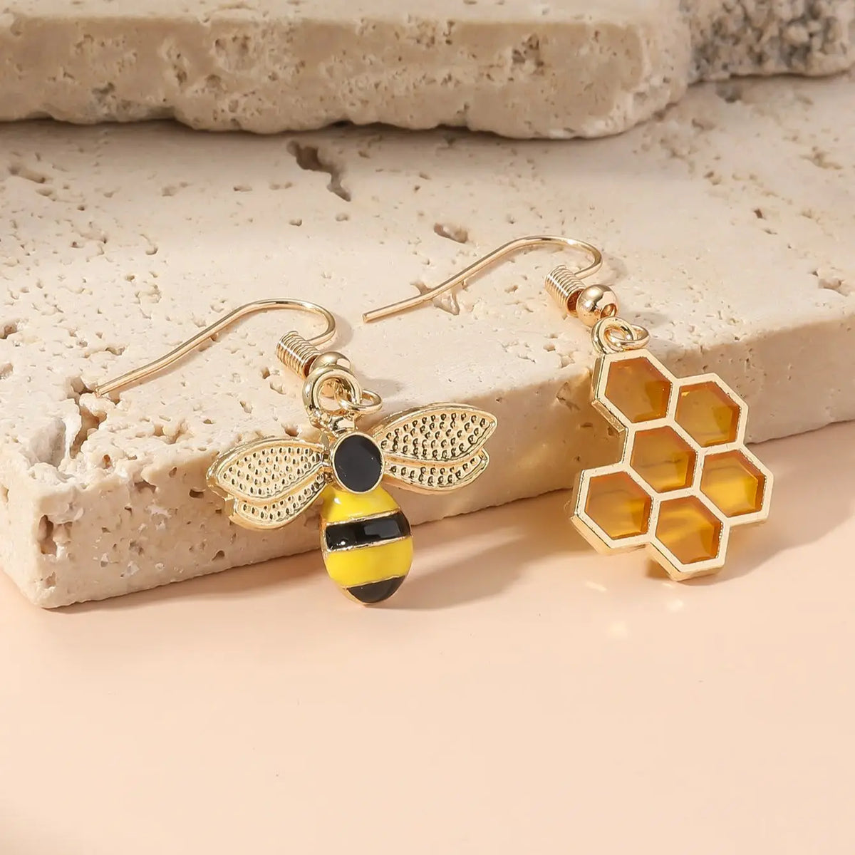 Beehive and Bee Drop Earrings – Gold Colour