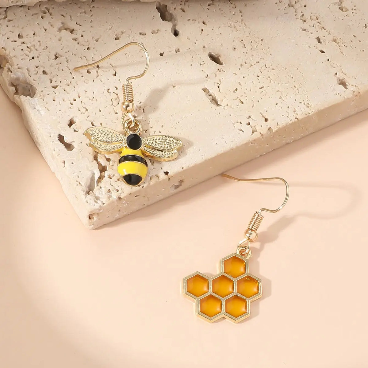 Beehive and Bee Drop Earrings – Gold Colour