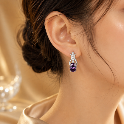 Oval Drop Earrings – Silver-Tone with Purple Stones