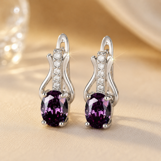 Oval Drop Earrings – Silver-Tone with Purple Stones