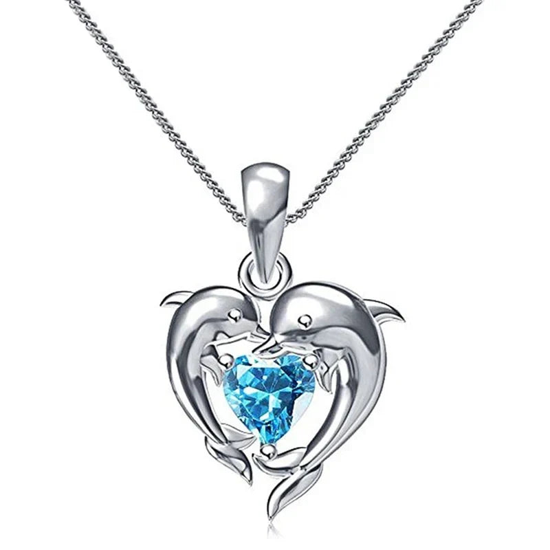 Blue Heart Necklace with Dolphin
