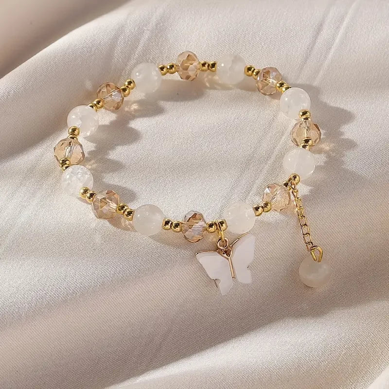 Elastic Bracelet with Faceted Beads and Butterfly Charm