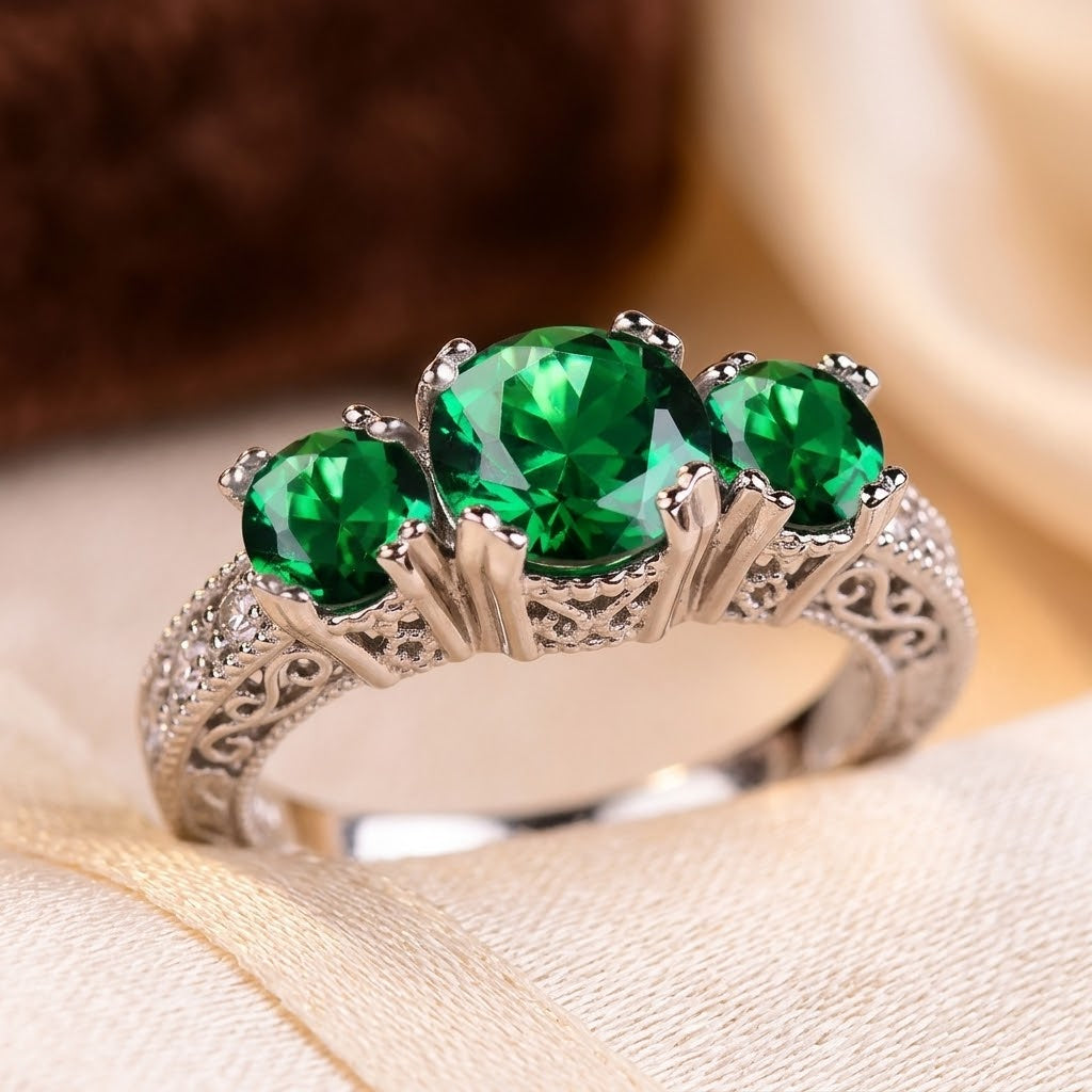 Three-Stone Ring – Silver-Tone with Round Green Stones