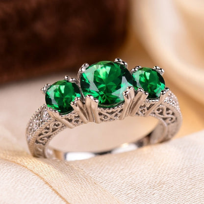Three-Stone Ring – Silver-Tone with Round Green Stones