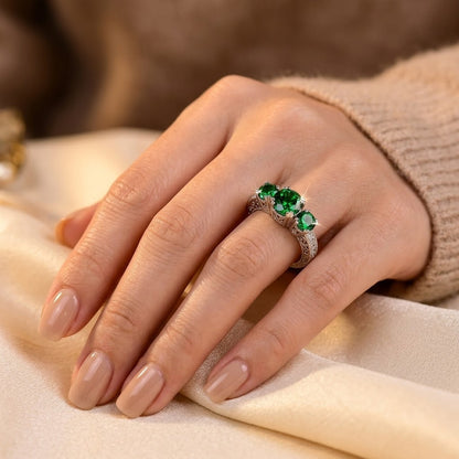 Three-Stone Ring – Silver-Tone with Round Green Stones